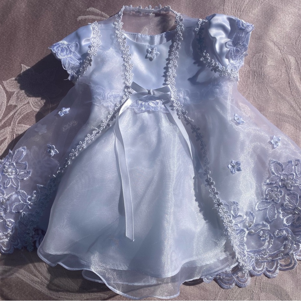 Elegant White Baptism Dress w/ Floral Embroidery and Match Fur Lined Cape